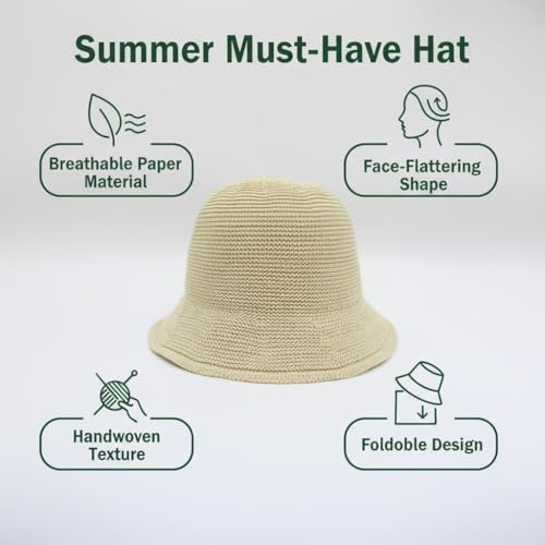 Women Straw Hat Beach Sun Cap Foldable Paper Knitted for Travel Summer Vacation Soft Lightweight Breathable - color: Beige