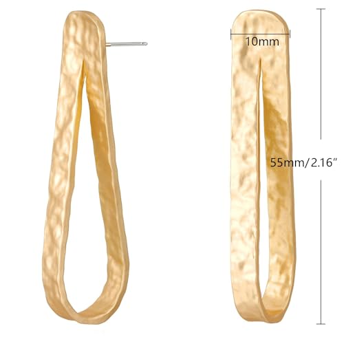 Stud Earrings for Women 14k Gold Plated Geometric Dangle Earrings Lightweight Minimalist Handmade Hammered Texture Oval Disc Drop Double-layer Big Hoop Dangle Earrings for Women - color: Long Gold Hoop