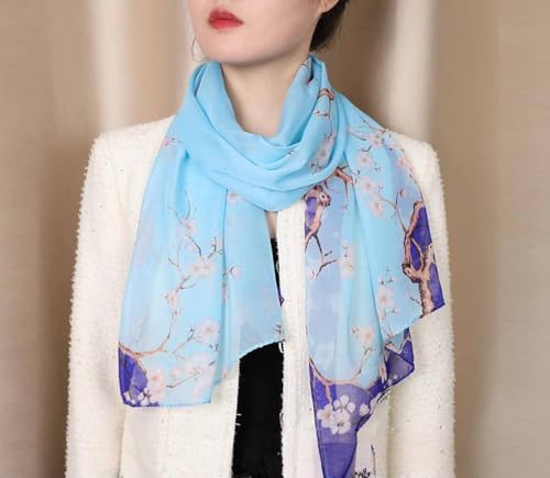 Xyueanlo Women's Chiffon Scarf Lightweight Scarves Fashion Elegant Floral Print Scarfs Shawls - color: Plum Blossom Light Blue