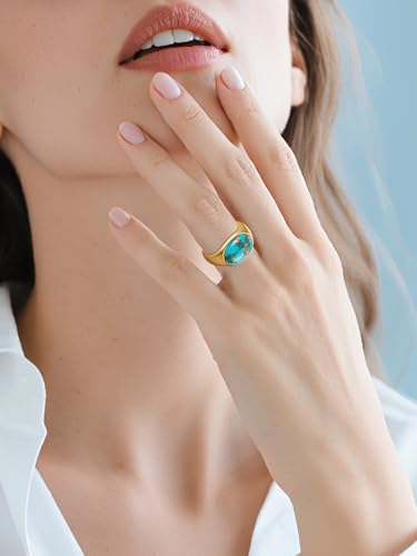 Turquoise Rings for Women, 14K Gold-Plated Stainless Steel Statement Ring with Oval Teal Turquoise, Lightweight and Non Tarnish, Vintage Boho Jewelry Gift for Her, Size 5-9 - color: Gold