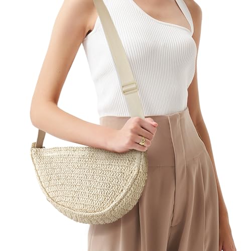 Straw Crossbody Bag for Women Summer Woven Beach Handbag Crescent Shoulder Purses with Adjustable Strap 2025 - color: Beige