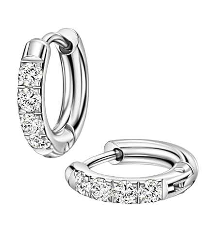 316L Surgical Stainless Steel Huggie Hoop Earrings with Cubic Zirconia, 10G 12G 14G 8-20mm Cartilage Lobe Earrings, 14G Piercing Jewelry - style: 10G 8mm Silver Clear CZ