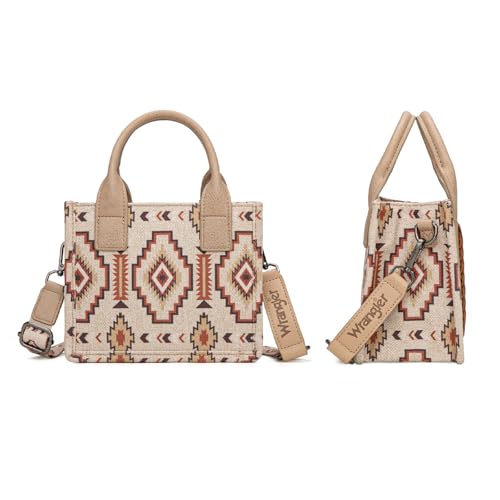 Wrangler Mini Aztec Tote Bag for Women Boho Small Top Handle Purse with Adjustable Strap - color: Boho Tan