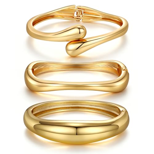 Chunky Gold Bangle Bracelets for Women Trendy 14K Gold Plated Cuff Bracelets Stack, Dainty Gold Bracelet Sets Non Tarnish Fashion Jewelry Gift - style: Gold-3pc-006