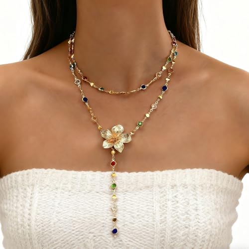 Chunky Gold Flower Necklace Boho Layered Colorful Crystal Necklace Large Floral Rhinestone Lariat Necklace Y-Shaped Long Necklace Summer Beach Fashion Jewelry Accessary for Women - color: Crystal