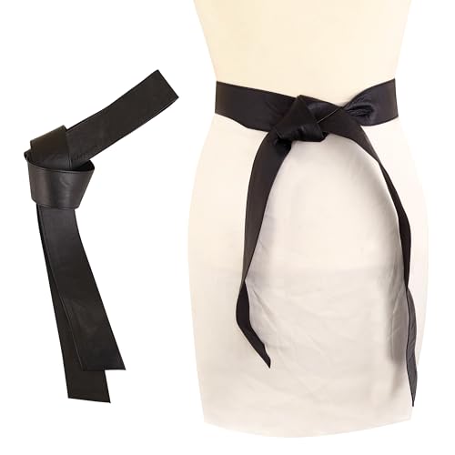 Woman's Obi Sash Tie Plus Size Waist Band Wide Solid Color Genuine Leather Belt - color: Black