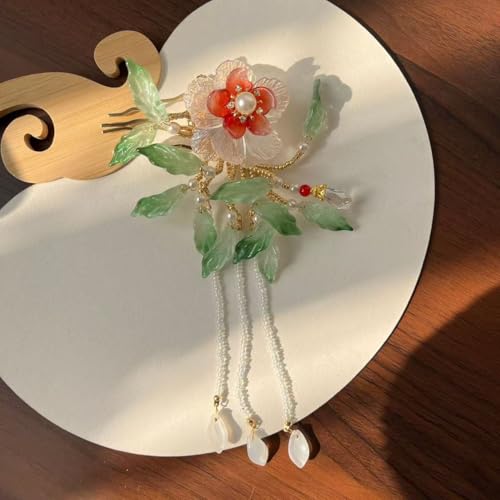 White Camellia Hairpin with Red Center & Ocean Wave Green Leaves - Elegant Tassel Hair Stick for Women, Chinese Hanfu Vintage Floral Hair Accessory for Special Occasions (Green Leaf Camellia) - color: Green Leaf Camellia