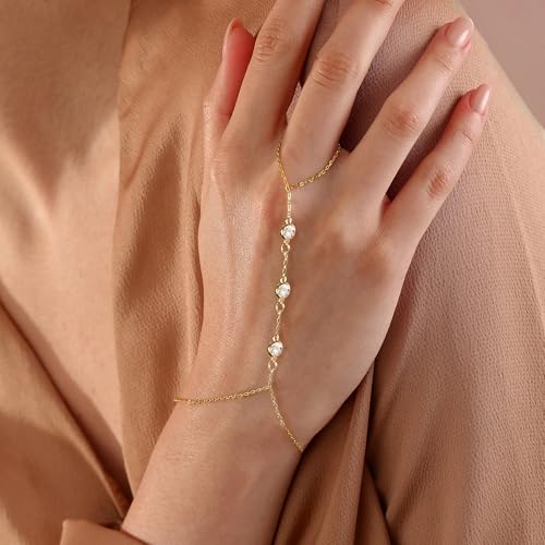 BAYLAY Hand Chain Bracelet, 14K Gold Plated Ring Bracelet Hand Chain Dainty Gold Bracelet for Women Trendy Finger Ring Slave Bracelets Hand Jewelry for Women Summer Beach Boho Gifts Trendy Stuff - color: 3CZ-7mm