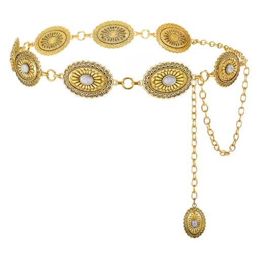 XZQTIVE Women Boho Chain Belts For Dresses Jeans Western Cowgirl Waist Links Belt Adjustable Metal Concho Belt - size: Fit Waist upto 36inches, style: White Turquoise Matte Gold