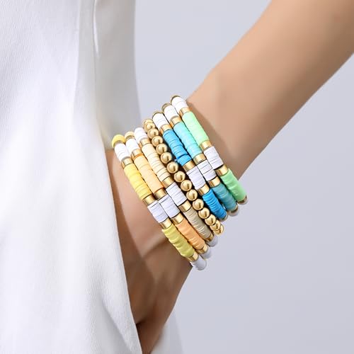 XIANNVXI 7pc Heishi Clay Bead Bracelets for Women Gold Plated Beaded Bohemian Stackable 6.8In Stretch Bracelets Elastic Layering Friendship Jewelry Boho Gift Set - color: Light Colors
