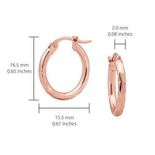 Hoops & Loops 925 Sterling Silver Diamond-Cut Hoop Earrings for Women, 2mm Textured Lightweight Click Top Hoops, 15mm 20mm 25mm 30mm, Silver 14k Yellow Gold & Rose Gold Flash Plated - color: Rose Gold - 15mm (0.59'')