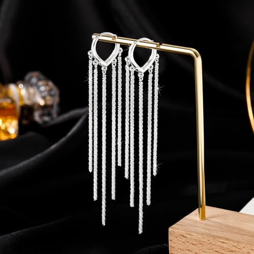 Long Dangle Earrings for Women 925 Sterling Silver/14K Gold Plated Tassel Chain Dangle Drop Earrings for Women Dainty Minimalist Dangling Drop Earrings for Prom Party Jewelry - style: Chain-4-Silver