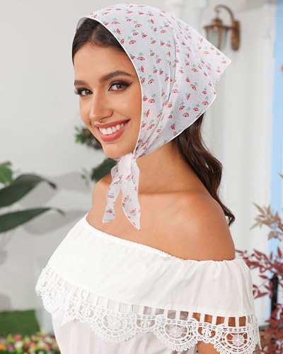 AWAYTR 3Pcs Hair Bandanas Head Kerchief for Women Girls Tie-Back Boho Hair Scarf Headband Bandana Triangle Head Scarf - color: Red Grid + Strawberry + Flowers
