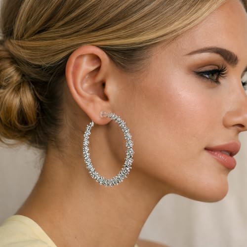 Symvikio Large Clip On Hoop Earrings for Women,14K Gold Big Circle Clip Hoops Chunky Earring Clips for Non Pierced Ears Lightweight Jewelry Gifts 50mm - color: Silver