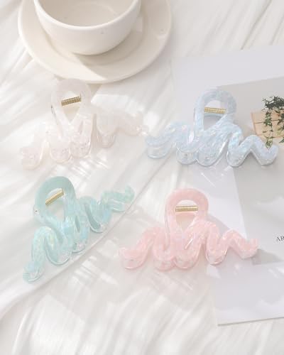 4Pcs Large Hair Claw Clips, Nonslip Cute Jelly Hair Clips for Thick Hair and Long Hair - color: Wave-White + Pink + Blue + Cyan