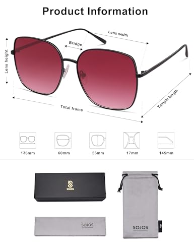 SOJOS Trendy Oversized Square Metal Frame Sunglasses for Women Men Retro Big Flat Lens UV Protection Sunglasses SJ1146 - color: Matte Black/Gradient Burgundy