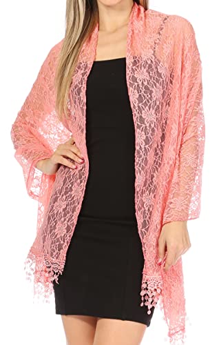 Sakkas Mari Women's Large Lightweight Soft Lace Scarf Wrap Shawl Floral and Fringe - color: Style2-peach