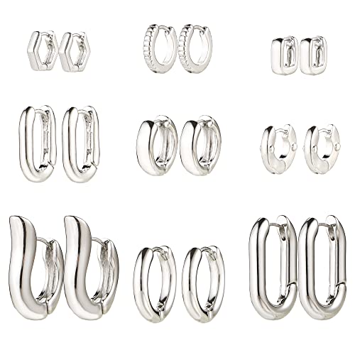 HILXURY Gold Chunky Hoop Earrings Set for Women, 14K Gold Plated Twisted Huggie Hoop Earring Hypoallergenic, Thick Open Hoops Set Lightweight - color: 9 Silver hoops