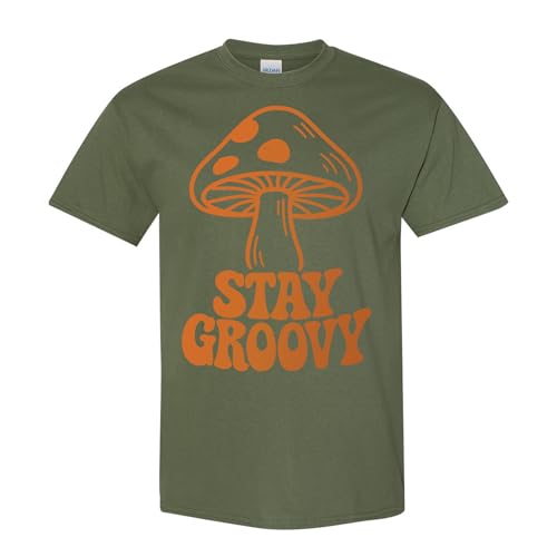 Stay Groovy Mushrooms T-Shirt– Retro Aesthetic Apparel – 100% Cotton Unisex Tee - color: Green, size: Medium