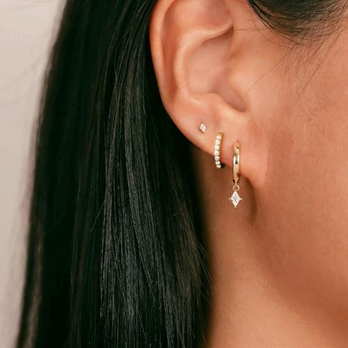 3 Pairs Small Earring Stacks, 14K Gold/Silver/Black/Rose Gold Plated Pearl Heart Butterfly Star Diamond Charm Drop Huggie Earrings Trendy Jewelry Gift for Women - color: Gold-Rhombus CZ