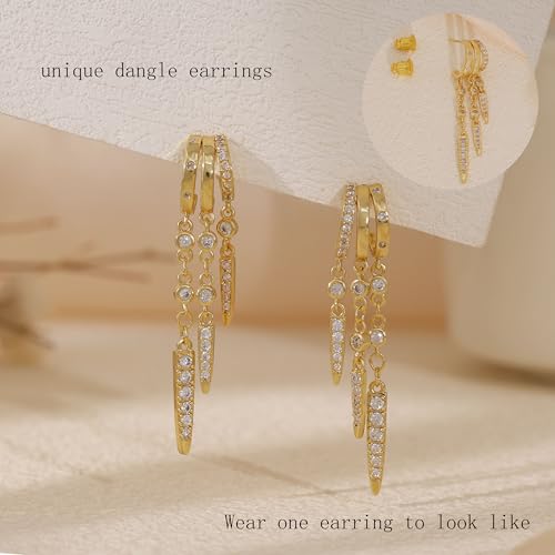 Dangle Earrings For Women, Dainty Gold Drop Statement Earrings 14K Gold Plated Long Huggie Earrings for Women Trendy Hypoallergenic Dangly Earrings Small Triple Hoops Earrings Fashion Jewelry - color: gold-three