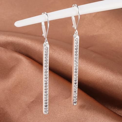Silver Bar Dangle Drop Earrings for Women, 14K Gold French Style Leverback Dangle Drop Earrings, Hypoallergenic Jewelry - color: CZ Silver