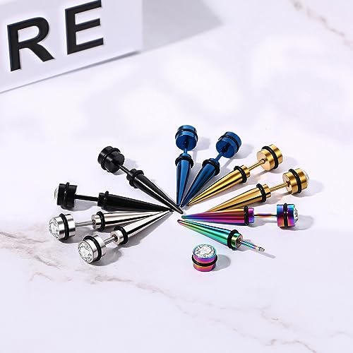 Aroncent 12PCS Stainless Steel Fake Tapers Mens Earrings Illusion Tunnel Cheater Piercing Jewelry Set for Men Women - color: A7-1