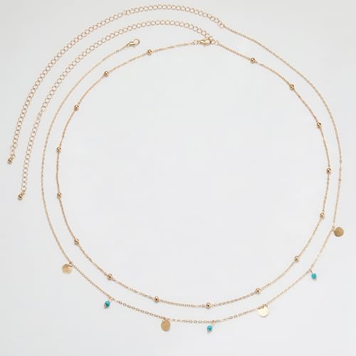 Belly Waist Chain Beads Pearl Coins Layered Belly Chains Boho Gold Plated Sexy Bikini Body Chain Adjustable Jewelry for Women - style: L-turquoise
