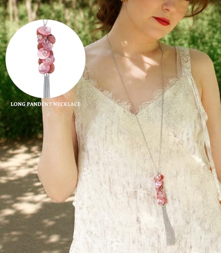 Noessla Boho Long Pendant Necklaces for Women Silver Tassel Long Necklace Sweater Chain Mothers Day Gifts Silver Costume Jewelry for Women - color: 81-Pink