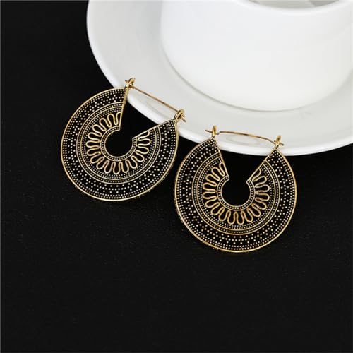 Boho Antique Carved Flower Dangle Drop Earrings for Women Vintage Retro Handmade Hollowed Antiqued Bronze Floral Shaped Geometric Gold Silver Plated Hoop Earrings for Ethnic Style Jewelry Gifts - color: Gold round earrings