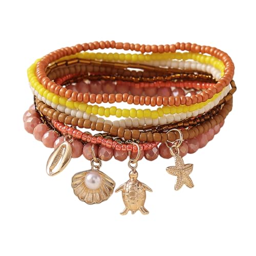 Caiyao Bohemian Multilayer Stackable Seed Beaded Bracelets Colorful Crystal Glass Beads Strand Bangle Bracelet BFF Wristbands Bracelet for Women Summer Beach Hawaii Jewelry Birthday Gifts - color: Brown-starfish