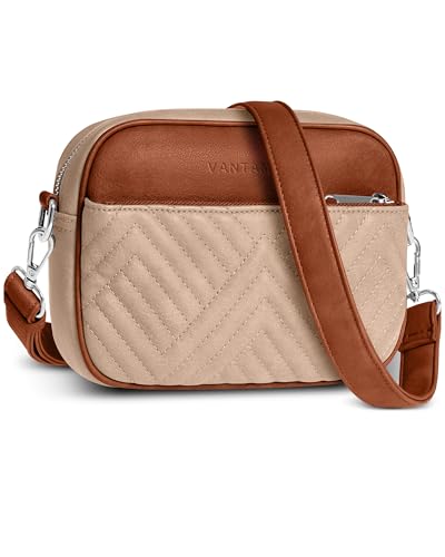 Vantamo Premium Quilted Crossbody Bags for Women with Anti-Pickpocket Clip, Vegan Leather Handbags, Travel Purses for Women - color: Stone & Brown With Faux Leather Strap