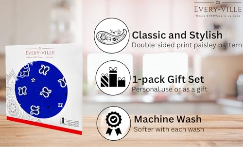 Gift Packaging Bandana for Men Women - 100% Cotton, Paisley, 22x22 In, 1 Pack - Large Bandanna Handkerchief Cowboy Hanky - color: Royal Blue