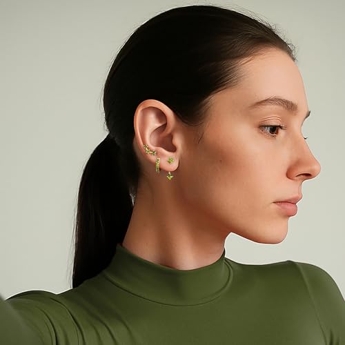 3 Pairs Dainty Small 4th of July Earrings for Women Trendy, Birthstone Stud Huggie Hoop Jacket Stack for Cartilage Helix, Gold Plated Hypoallergenic Cute Women Fashion Accessories Western Jewelry Gifts - color: 08Olive Green Created Peridot-Aug (Gold)