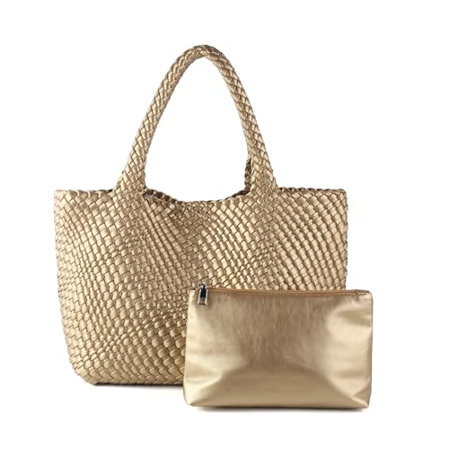 Woven Tote Bag Womens Purse Vegan Leather Shoulder Handbags Fashion Summer Beach Tote Bags Large Travel Totes - color: Golden