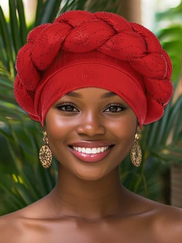 Woeoe African Headwrap Gold Braided Turbans for Women - color: Red