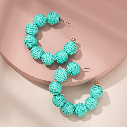 Raffia Hoop Earrings Statement Boho Beaded Earrings Cute Rattan Handmade Colorful Jewelry for Women Unique Summer Outfits - color: Teal