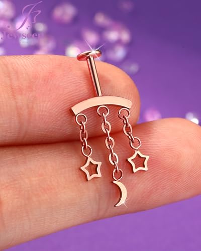 Crescent Moon Star Chain Vertical Hidden Helix Stud Earrings Dangle 316L Stainless Steel Flat Back Threadless Push-Pin Cartilage Rook Piercing Jewelry - color: ROSE GOLD