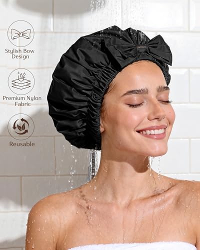Yanibest Shower Cap Reusable Waterproof, Wide Elastic Band Bath Cap - Comfortable & Durable Bath Hair Hat for Women - color: Black