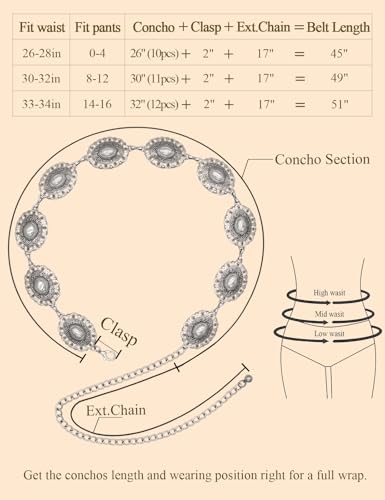 TOPACC Western Metal Concho Belt for Women Cowgirl Chain Belts for Dresses Jeans Country Concert Outfit - color: E Silver, size: Fit Waist: 30-32 in