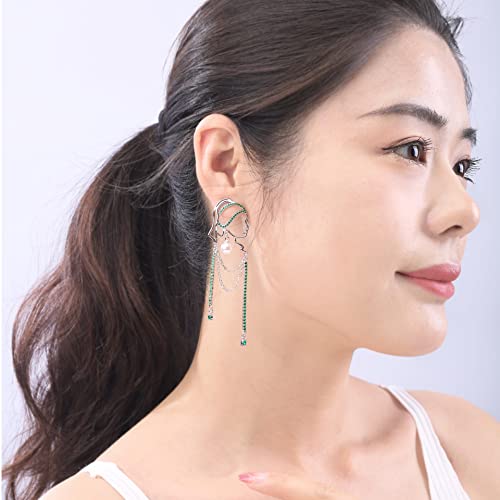 Unique Abstract Face Art | Dangle Statement Long Earrings for Women | Rhinestone Tassel Handmade Chandelier Earrings - color: Silver Green Diamond