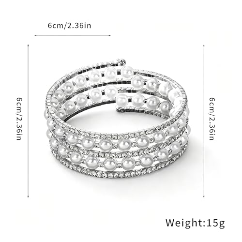 Pearl Rhinestone Stretch Cuff Bracelet for Women Adjustable | Perfect for vintage weddings parties vacations and everyday wear - color: SilverA+
