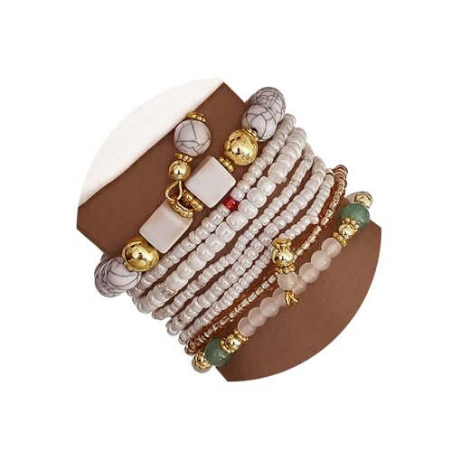 IFKM 8PCS Beaded Bracelets for Women, Multilayered Stackable Strand Stretch Bead Bracelet Pack Handmade Trendy Bohemian Charm Jewelry - color: White
