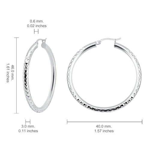 Hoops & Loops 925 Sterling Silver Diamond-Cut Round Hoop Textured 3mm Click-Top Earrings for Women, Slver, Two-Tone 14K Yellow Gold Flash Plate 15/20/25/30/35/40/45/50mm Hoops - color: Silver, size: 40mm (1.56'')