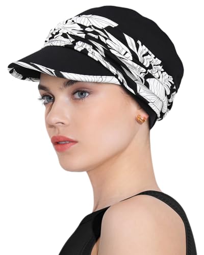 Chemo Headwear Viscose Newsboy Cap for Women Summer Hats - color: Black White Pattern