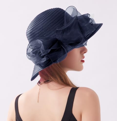 Women's Kentucky Derby Church Dress Hat Wide Brim Leaf Flower Bridal Shower Hat - color: 01 Darkblue