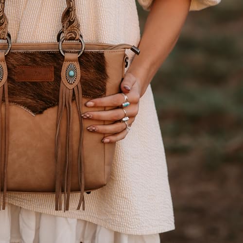 Montana West Western Cowhide Crossbody Bag for Women Designer Leather Tassel Top Handle Handbags - color: Beige