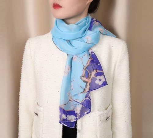 Xyueanlo Women's Chiffon Scarf Lightweight Scarves Fashion Elegant Floral Print Scarfs Shawls - color: Plum Blossom Light Blue
