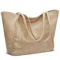 KKXIU Large Tote Bag for Women with Zipper Work Leather Travel Purse and Handbags - color: Beige