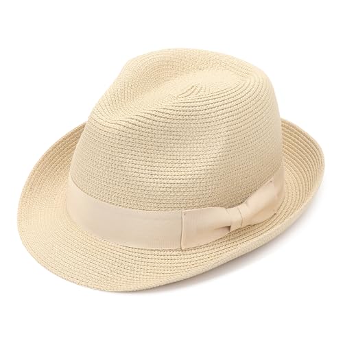 DRESHOW Women Straw Sun Hat Short Brim Panama Travel Fedora Summer Hat Roll Up Beach Cap for Women UPF 50+ - color: 1 Pack Rolled Hat: Beige